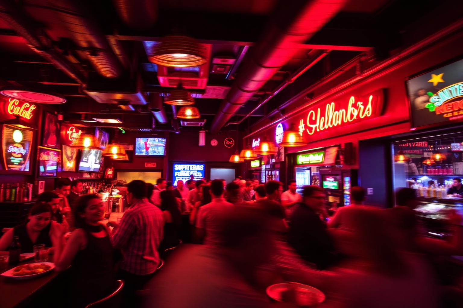 Lively interior of Harold's Chicken & Ice Bar with neon lights and crowd